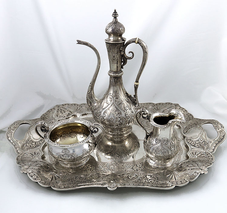 Gorham antique sterling engraved coffee set on tray