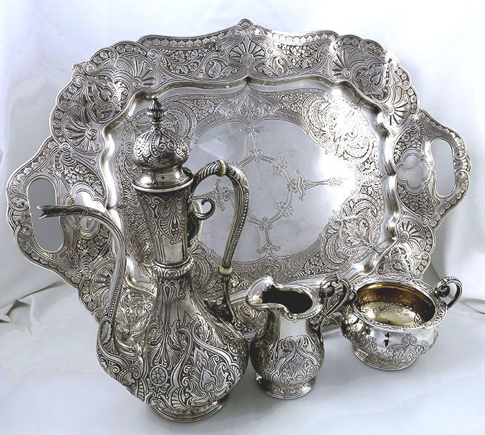 Gorham antique sterling engraved coffee set on tray