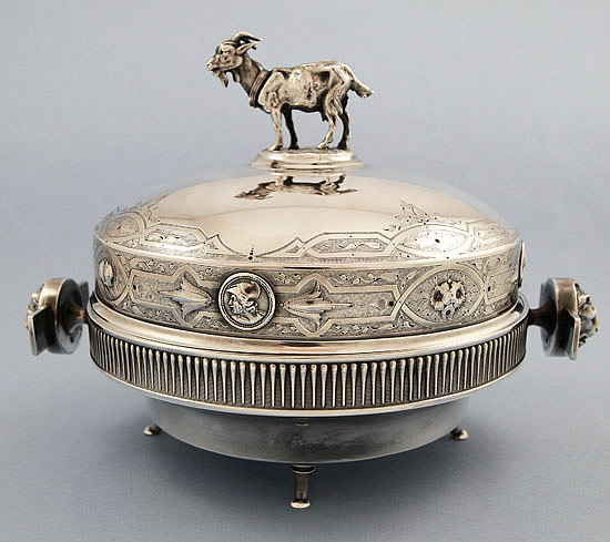 Antique coin silver butter dish with goat finial and lion head handles