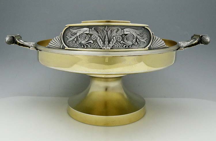 Gorham large gold washed centerpiece fruit bowl with neo classical decoration 