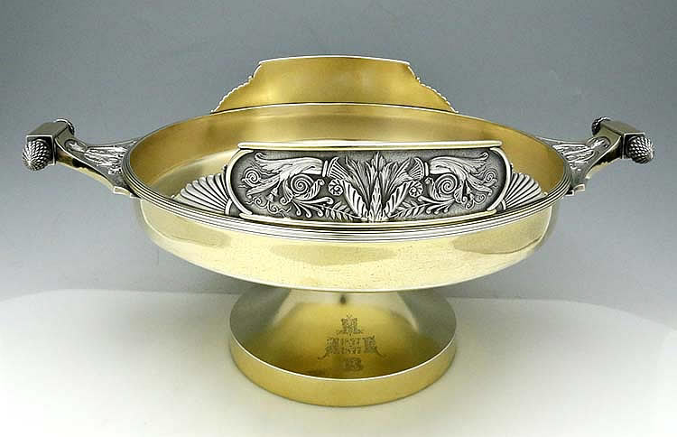 Gorham large gold washed centerpiece fruit bowl with neo classical decoration 