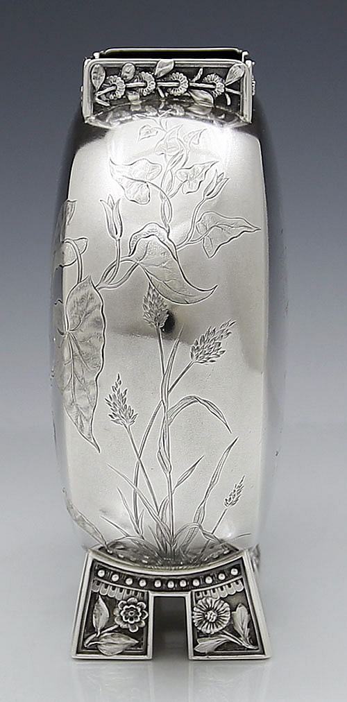 side view of Gorham circular vase moon vase engraved Japanese style