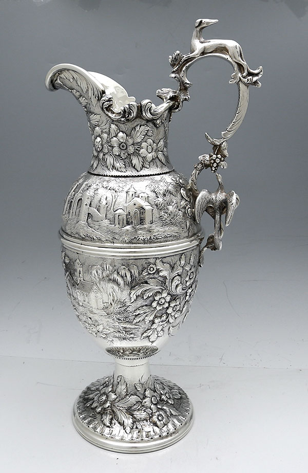 S Kirk antique silver ewer with bird and whippet on handle