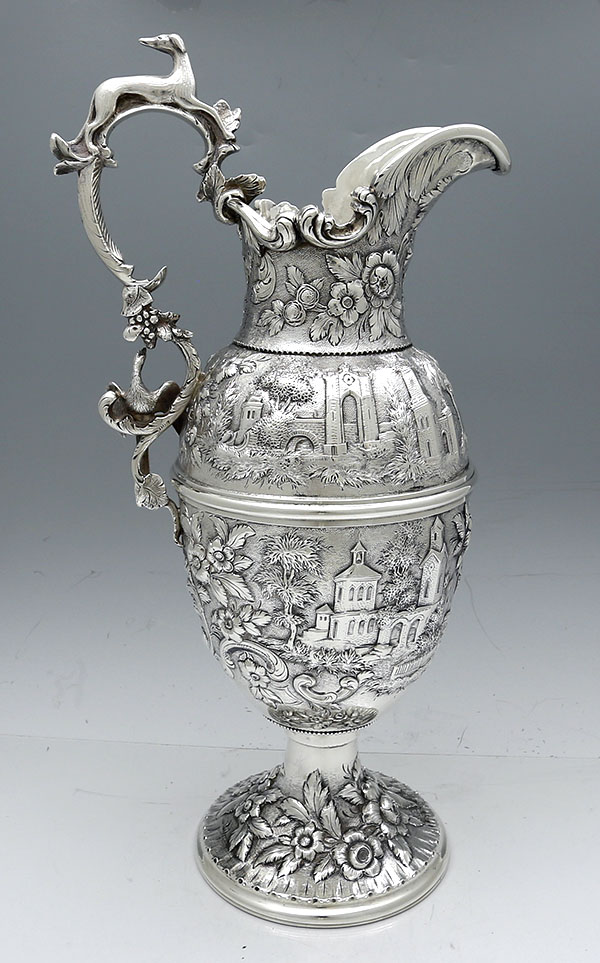 S Kirk antique silver ewer with bird and whippet on handle