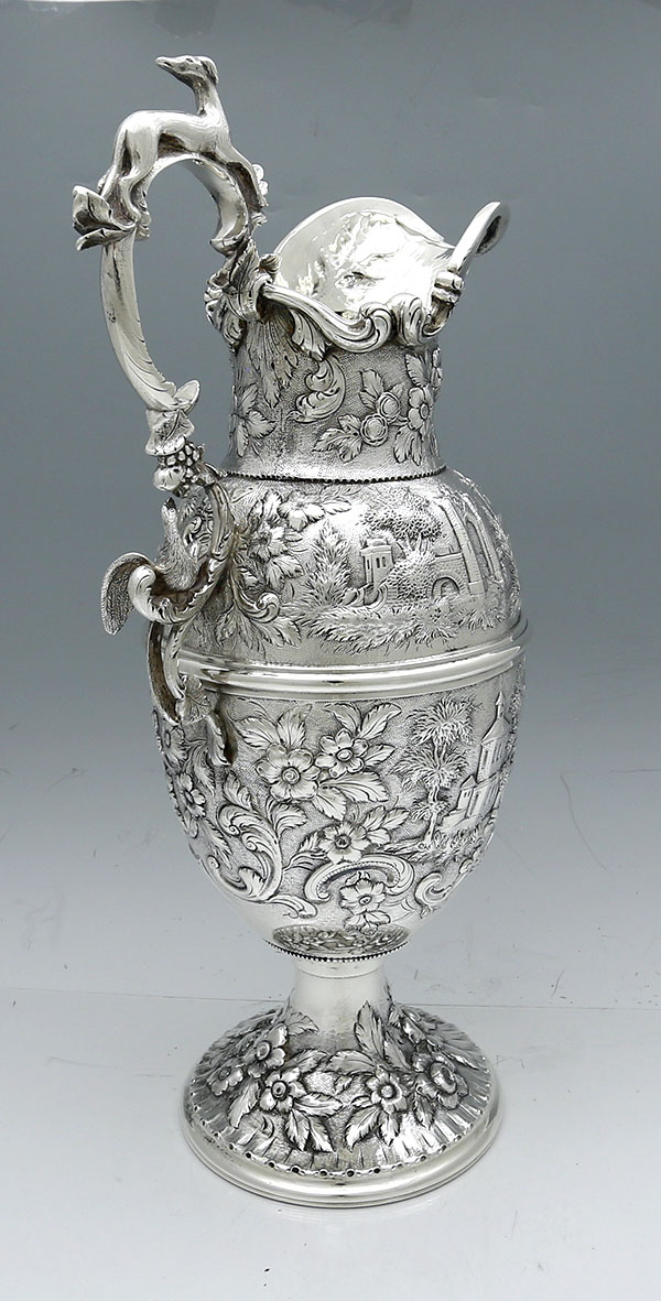 S Kirk antique silver ewer with bird and whippet on handle