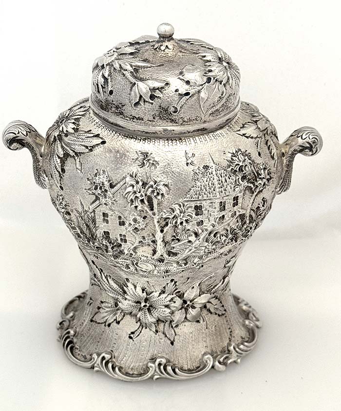 S Kirk sterling silver tea caddy landscape