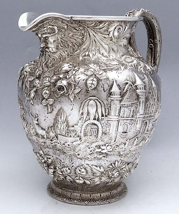 S Kirk and Son antique sterling silver landscape castle pitcher