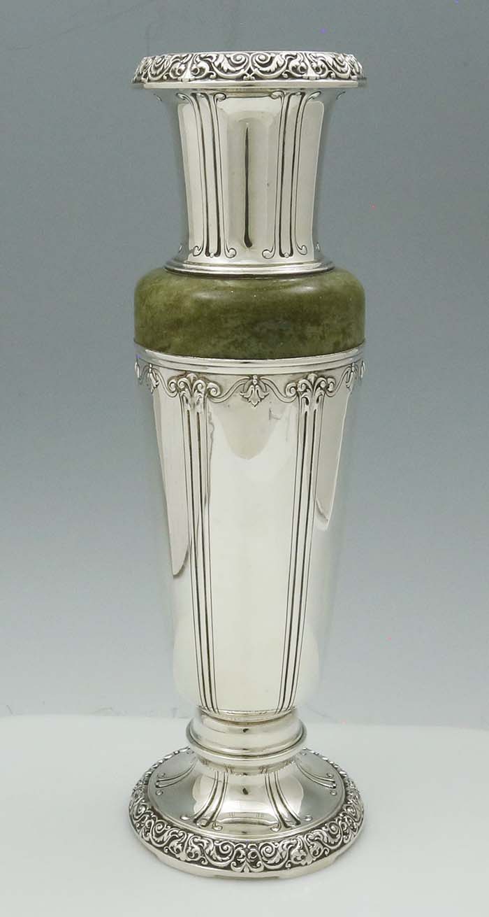 reverse side of McChesney Newark New Jersey sterling and green hardstone art deco vase