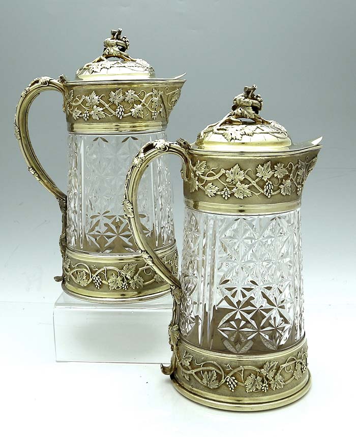 French silver by Odiot silver and glass wine jugs