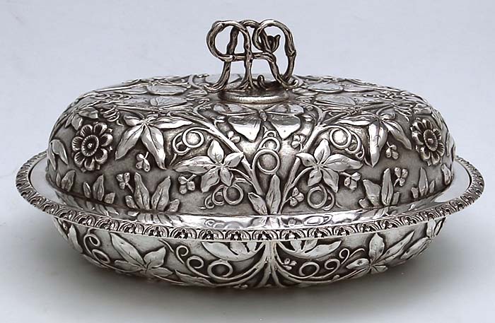 W H Saxton Sterling pair of covered vegetable dishes with chased butterflies and custom monogrammed finial handle