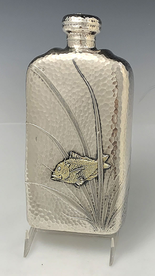 Tiffany Aesthetic sterling silver table flask with applied fish and crab