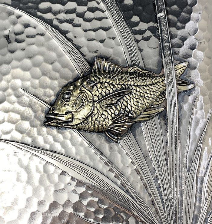 applied fish on Tiffany hammered aesthetic flask