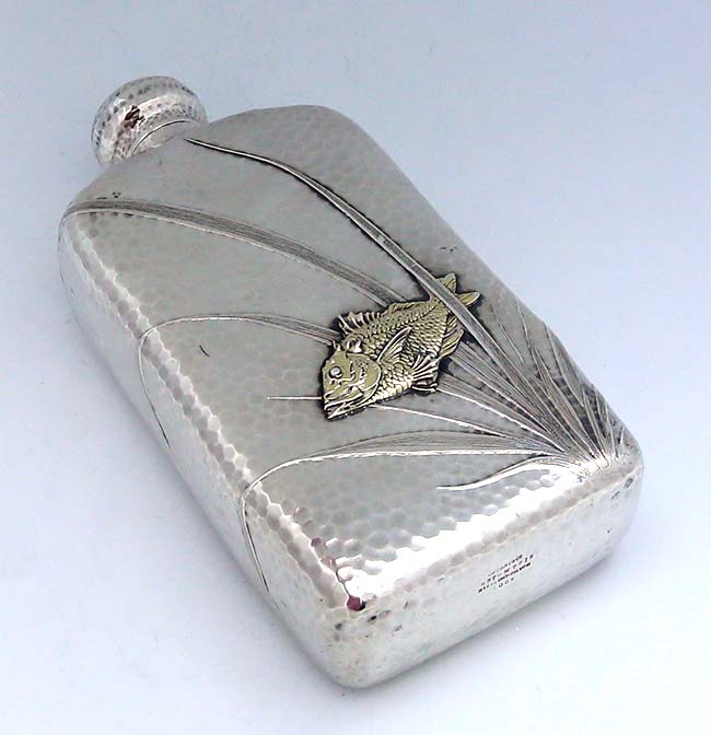 Tiffany Aesthetic hammered sterling flask with fish and seaweed