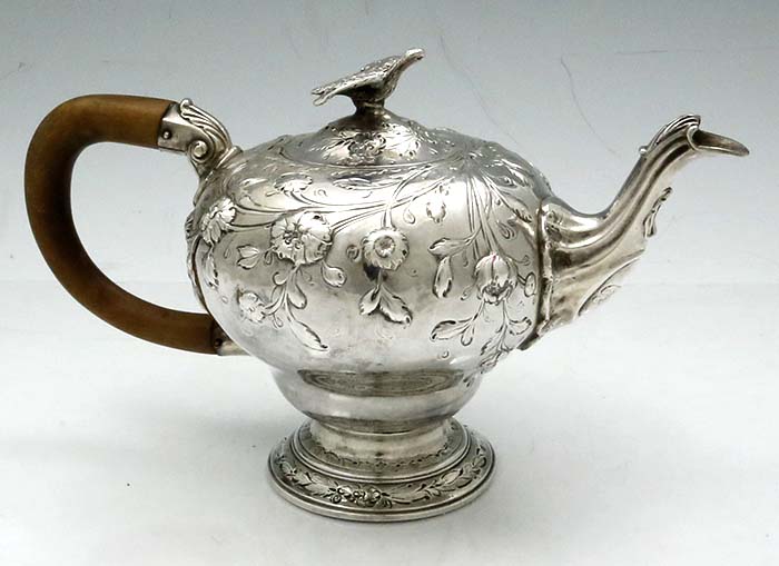 George III antique silver teapot London 1763 by W & R Preston bird finial 