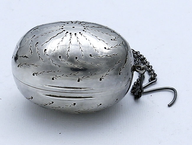 English antique silver tea ball in original fitted case