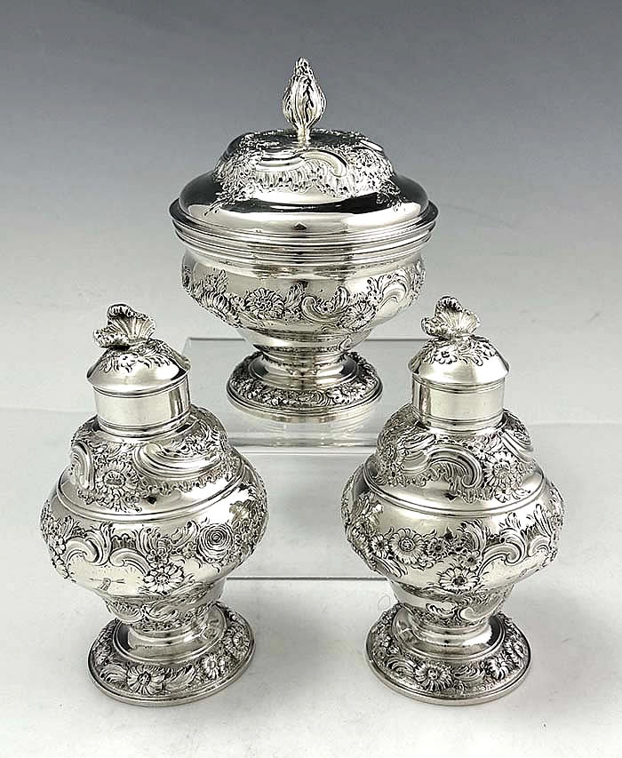 English antique silver tea caddy set with sugar bowl