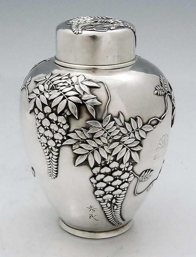 Japanese signed antique silver tea caddy wisteria