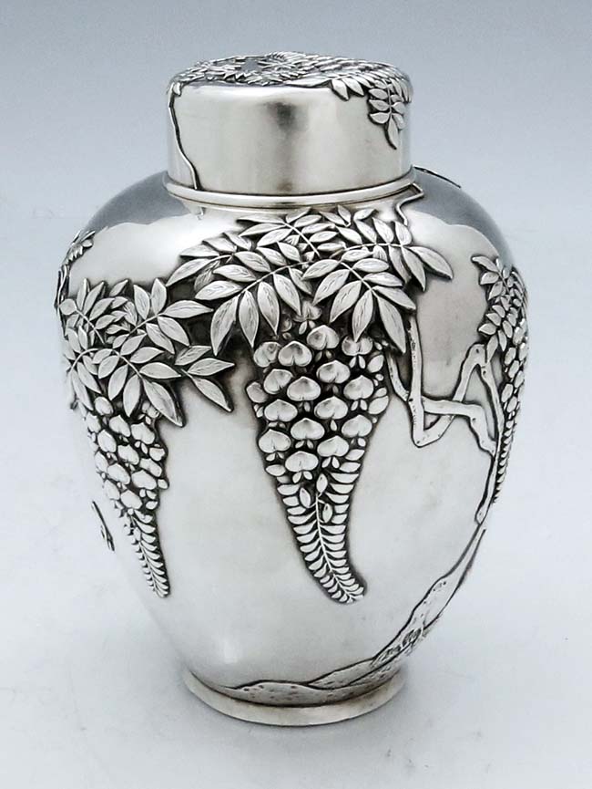 Japanese antique silver tea caddy with wisteria