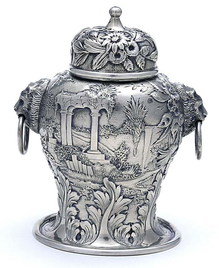 S Kirk and Son antique sterling landscape castle tea caddy with lion handles