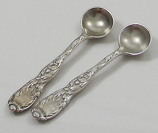 pair of Tiffany chrysanthemum master salt spoons