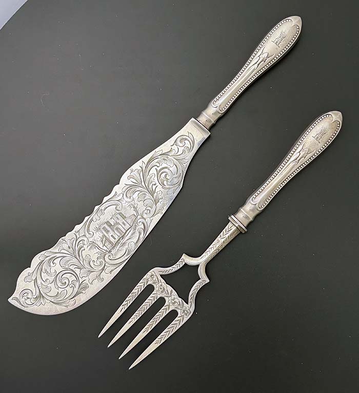 William Gale Mayflower engraved coin silver fish serving set